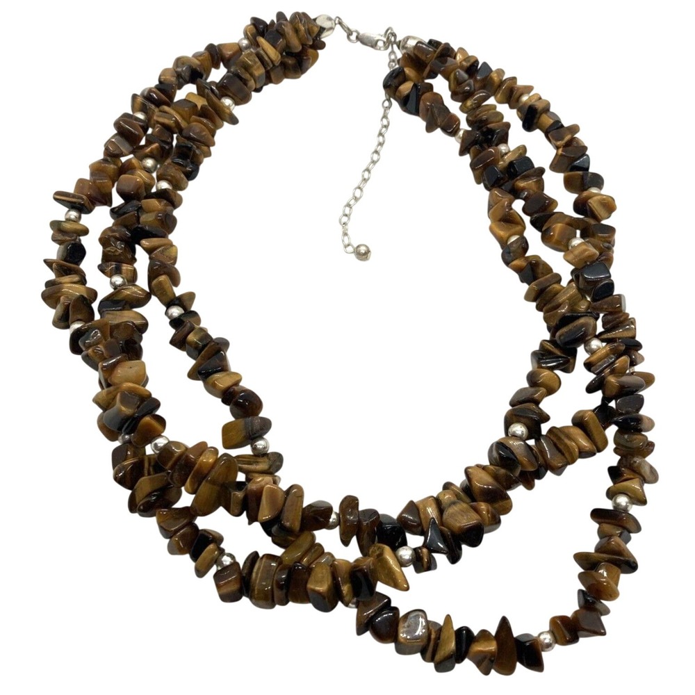 Vintage Tiger's Eye Stone 3 - Strand 16''-20'' Necklace Sterling 925 Silver 110g